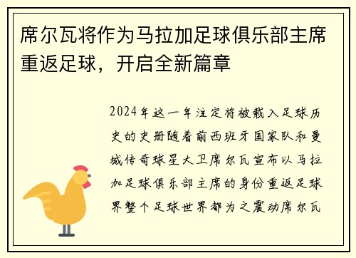 席尔瓦将作为马拉加足球俱乐部主席重返足球，开启全新篇章