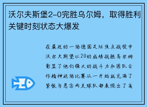 沃尔夫斯堡2-0完胜乌尔姆，取得胜利关键时刻状态大爆发
