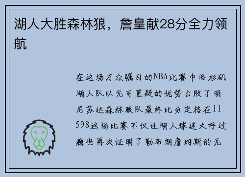 湖人大胜森林狼，詹皇献28分全力领航